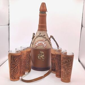 Guadalajara Mexico Leather / Cowhide Tequila Bottle 6 Leather Tequila Glasses